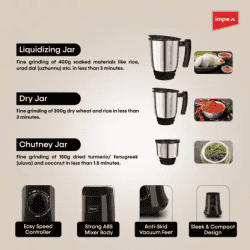IMPEX Grind Q 800 Pro Black Grind Q series 800 Mixer Grinder | 3 Jars | Black
