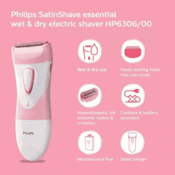 PHILIPS SatinShave Essential Women's Electric Shaver for Legs, Cordless Wet and Dry Use  | HP6306 |  Trimmer 60 min Runtime 10 Length Settings | Multicolor