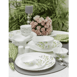 LAOPALA Pack of 29 Opalware | Novo Collection | Opal Glass | 29 pcs | Lush Green | White Dinner Set