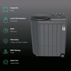 Whirlpool 10kg 5 Star | Semi Automatic washing machine | Twin Load Washer Dryer with 3D Lint Filter | 30277 ACE XL 10 | Graphite Grey