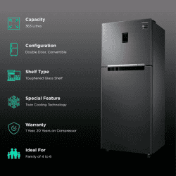 Samsung 363L 2 Star | Inverter Frost-Free Convertible 5 In 1 Double Door Refrigerator | RT39C5532BS/HL | Black Inox