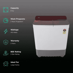 Haier 8 kg 5 Star | Semi Automatic Washing Machine | Anti Bacterial Vortex Pulsator HTW80-178 | Burgundy with Flower