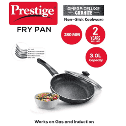 Prestige Aluminium Omega Deluxe Granite Fry Pan with Lid | 28 cm | Black