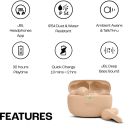 JBL Wave Beam TWS, 32Hr Playtime, IP54, JBL App Bluetooth Headset  | Beige