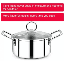 BlueBerrys 22 cm Stainless Steel Hotpot Stock Pan with 3 ply Base Sandwich Bottom | Glass Lid | Induction Base Pot 22 cm diameter | 4 L capacity | Stainless Steel | Non-stick