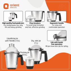 Orient Electric MGGT75S3 Glint Mixer Grinder | 750 W | 3 Jars | Silver