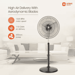Orient Electric Tornado II Anti Dust Pedestal Fan | 3 Blade | 450MM | Black
