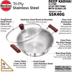 Hawkins Tri-Ply Stainless Steel Deep Fry Pan Glass Kadhai | 28 cm | 4 L | 3 mm