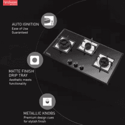 Hindware Aster 3B Steel, Glass Automatic Hob |  78CM | 3 Burners |