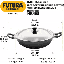 Hawkins Futura Nonstick Kadhai | Deep Fry Pan | 4 L | 30 cm | 3.25 mm | NK40S