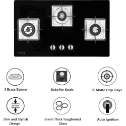 Hindware ROSIA 3B 76 cm | Brass Burners | Auto Ignition | Bakelite Knobs | Built in Glass Automatic Hob