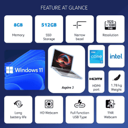 Acer Aspire 3 Laptop (12th Gen Core i3/8 GB RAM/ 512 GB SSD/ 15.6 Inch (39.6 Cm) FHD Display/ Intel UHD Graphics/ Windows 11/ Office)NXK6TSI001