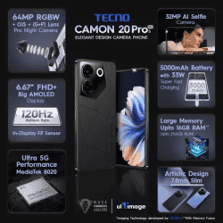Tecno Camon 20s Pro | 5G | 8 GB RAM | 256 GB | Dark Welkin