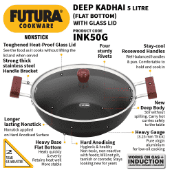 Hawkins Futura Deep Kadhai | Non Stick Kadai with Glass Lid | Flat Bottom Induction Kadhai | 5 L | INK50G
