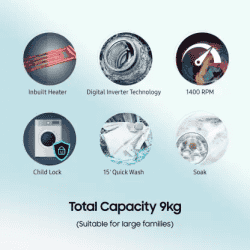 SAMSUNG 9 kg 5 Star | WW90T4040CX1TL | Fully Automatic Front Load Washing Machine | Black