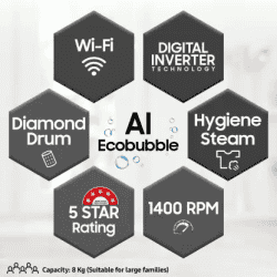 SAMSUNG WW80T504DAB1TL | AI Ecobubble |  Wi-Fi |  Hygiene Steam,Digital Inverter Fully Automatic Front Load Washing Machine | 5 Star | 8 kg