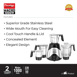 Prestige Macho 1000 W Mixer Grinder | 4 Jars | Black Silver