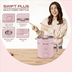 Pigeon | Swift Plus | 1.5L | Stovekraft |  Auto Shut-off |  Double Layered Food Grade Stainless  Inner wall With Glass Lid Multi-Cook Kettle | Pink