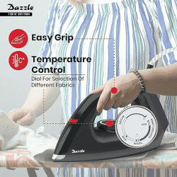 Havells Dry Iron Dazzle | 1100W | Press German Technology Non Sick Coated Sole Plate | Black