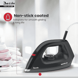Havells Dry Iron Dazzle | 1100W | Press German Technology Non Sick Coated Sole Plate | Black