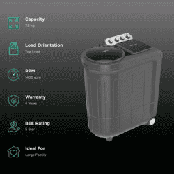 Whirlpool Turbo Dry Semi-Automatic Top Loading Washing Machine | 7.5 Kg | 5 Star | Grey Dazzle | 30233 ACE