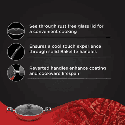 Preethi Dura Collection Non Stick Kadai | 26 cm | With Glass Lid  | Red