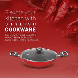 Preethi Dura Collection Non Stick Kadai | 26 cm | With Glass Lid  | Red