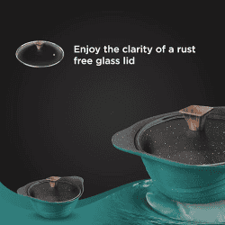 Preethi Artistic Collection Die Cast Non Stick Kadai  | 24 cm | Glass Lid | 5 Star Non Stick Effect | Cook & Serve | Green