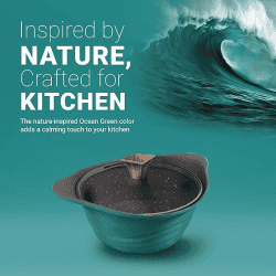 Preethi Artistic Collection Die Cast Non Stick Kadai  | 24 cm | Glass Lid | 5 Star Non Stick Effect | Cook & Serve | Green