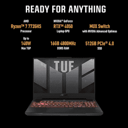 ASUS TUF Gaming Laptop A15 | Ryzen 7 Octa Core 7735HS | 16 GB | 512 GB SSD | 6 GB Graphics NVIDIA GeForce RTX 4050 | Jaeger Gray | FA577NU-LP082W