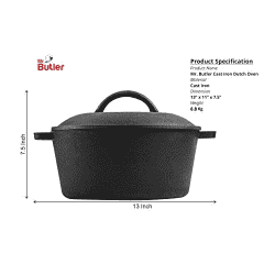 Mr. Butler | Natural Cookware Pre-Seasoned Cast Iron Dutch Oven Pot with Lid | 10 inch |  5 L | Cast Iron