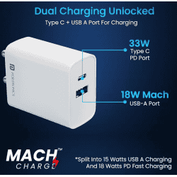 Portronics Adapto 70 Fast Charger Adapter | 33W | Dual Output | USB  Type C | White