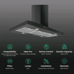 elica | SPOT TRIM ISLAND ETB PLUS LTW  | 90 N | 90cm | 1220m3/hr Ducted Ceiling Mounted Chimney with Touch Control  | Black
