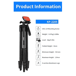 Jmary KP-2205 Aluminum Tripod 134CM | 4-Section Aluminum Legs | Universal Lightweight Tripod with Mobile Phone Holder Mount