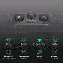 Elica |  FLEXI | DFS FB | 75 DX  Glass Top 3 Burner Automatic Hob  | Round Enamelled | Grid Black