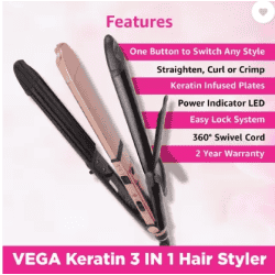 VEGA Keratin 3 in 1 Styler Curler and Crimper VHSCC-03 Hair Straightener | Pink