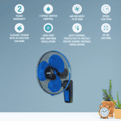 Usha Maxx Air Wall Fan | 400 mm | Blue & Black