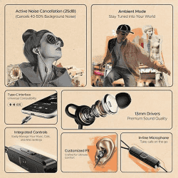 boAt Bassheads Wired Headset  | 122 ANC | Active Noise Cancellation | Type-c Interface | 13mm Drivers | Black