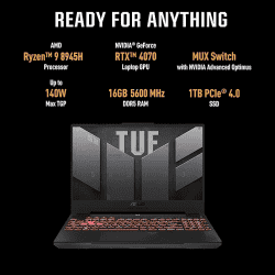 ASUS TUF  A15 Gaming laptop | AMD Ryzen 9 Octa Core 8945H |NVIDIA GeForce RTX 4070 | 16 GB |1 TB SSD | 15.6 Inch | Mecha Gray | FA507UI-LP066WS