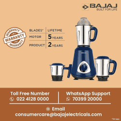 BAJAJ Military Series Glamore  Mixer Grinder |  800W | 3 Jars | Royal Blue