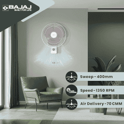 Bajaj Robusto Oscillating Wall Fan | 400mm | High Air Delivery | Modern Décor | Lavender & White