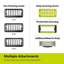 PHILIPS OneBlade Trimmer | 10 Grooming Kit | 30 min Runtime 3 Length  | Grey | QP1624