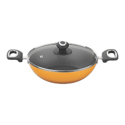Preethi Dura Collection Non Stick Kadai with Glass Lid | 26 cm | Yellow