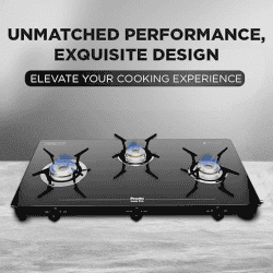 Preethi Luxe Pro Glass Top Gas Stove | Driptray Less Infinity Design Jumbo Burner | 3 Burner | Black