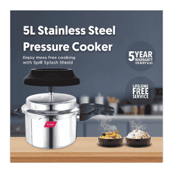Preethi Induction Base Stainless Steel Outer Lid Pressure Cooker | Spill Splash Shield | 5 L | Silver