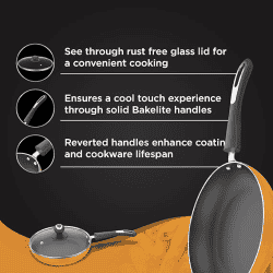 ‎Preethi Dura Collection Non Stick Fry Pan | 26 cm | Glass Lid Gas | 5 Star | Non Stick Effect | Turmeric Yellow