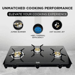 Preethi Luxe Pro Glass Top Gas Stove | Driptray Less Infinity Design Jumbo Burner | 3 Burner | Black