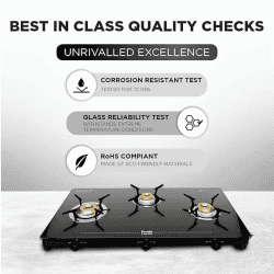 Preethi Luxe Pro Glass Top Gas Stove | Driptray Less Infinity Design Jumbo Burner | 3 Burner | Black