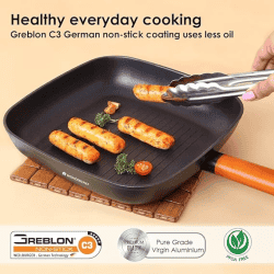 Wonderchef Caesar Forged Virgin Aluminium Grill Pan | 24cm | Greblon C3 | Non-stick Coating | PFOA Free German Beechwood Handles | Black