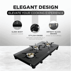 Preethi Luxe Pro Glass Top Gas Stove | Driptray Less Infinity Design Jumbo Burner | 3 Burner | Black